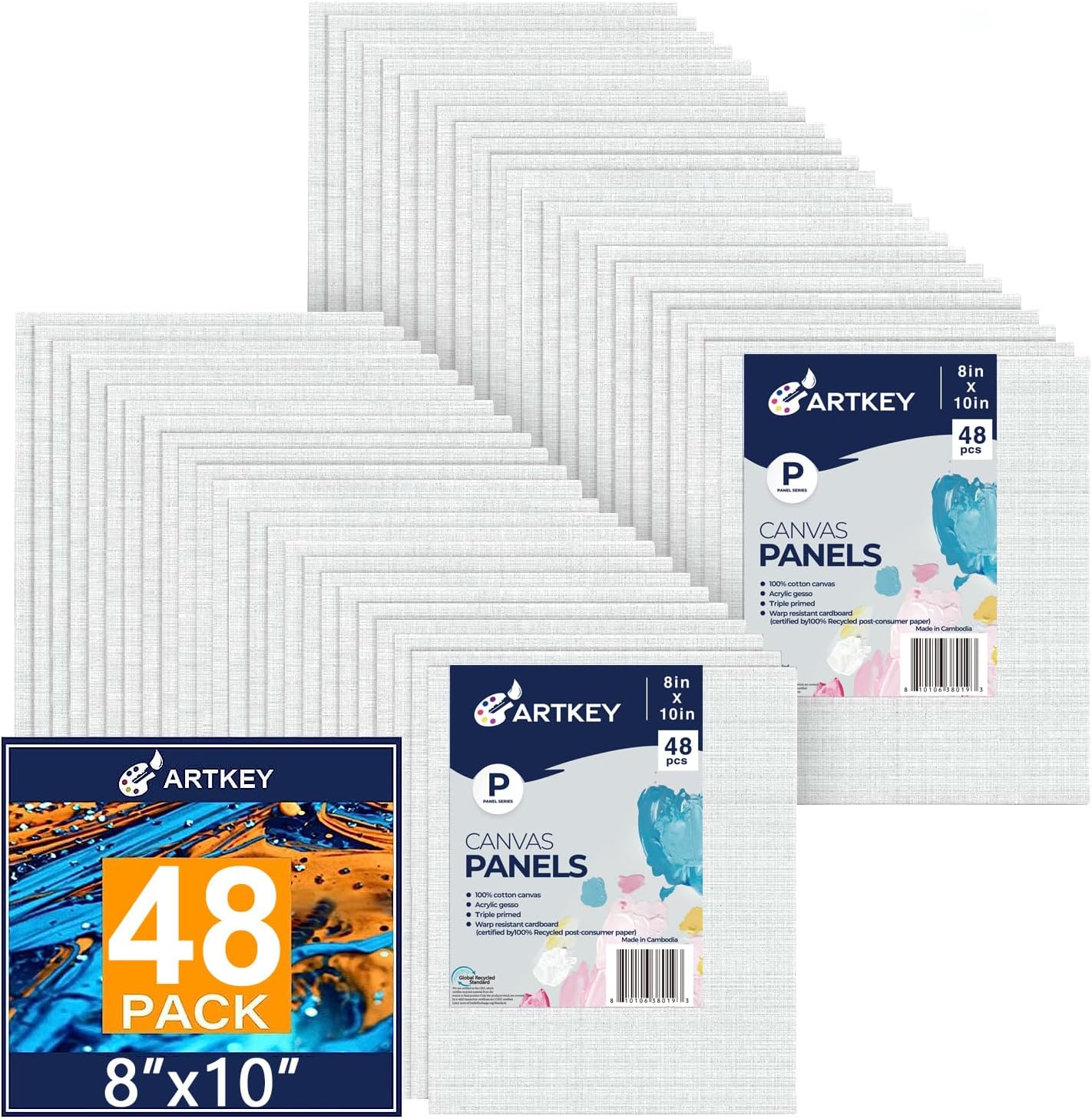Artkey Canvases for Painting 8x10 Inch 48-Pack, 10 oz Primed 100% Cotton White Blank Flat Canvas Boards, Art Paint Canvas Panels for Acrylic Oil Watercolor Tempera Paints