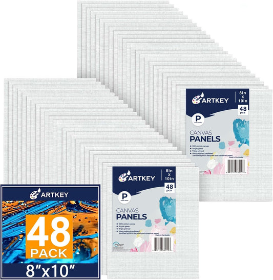 Artkey Canvases for Painting 8x10 Inch 48-Pack, 10 oz Primed 100% Cotton White Blank Flat Canvas Boards, Art Paint Canvas Panels for Acrylic Oil Watercolor Tempera Paints