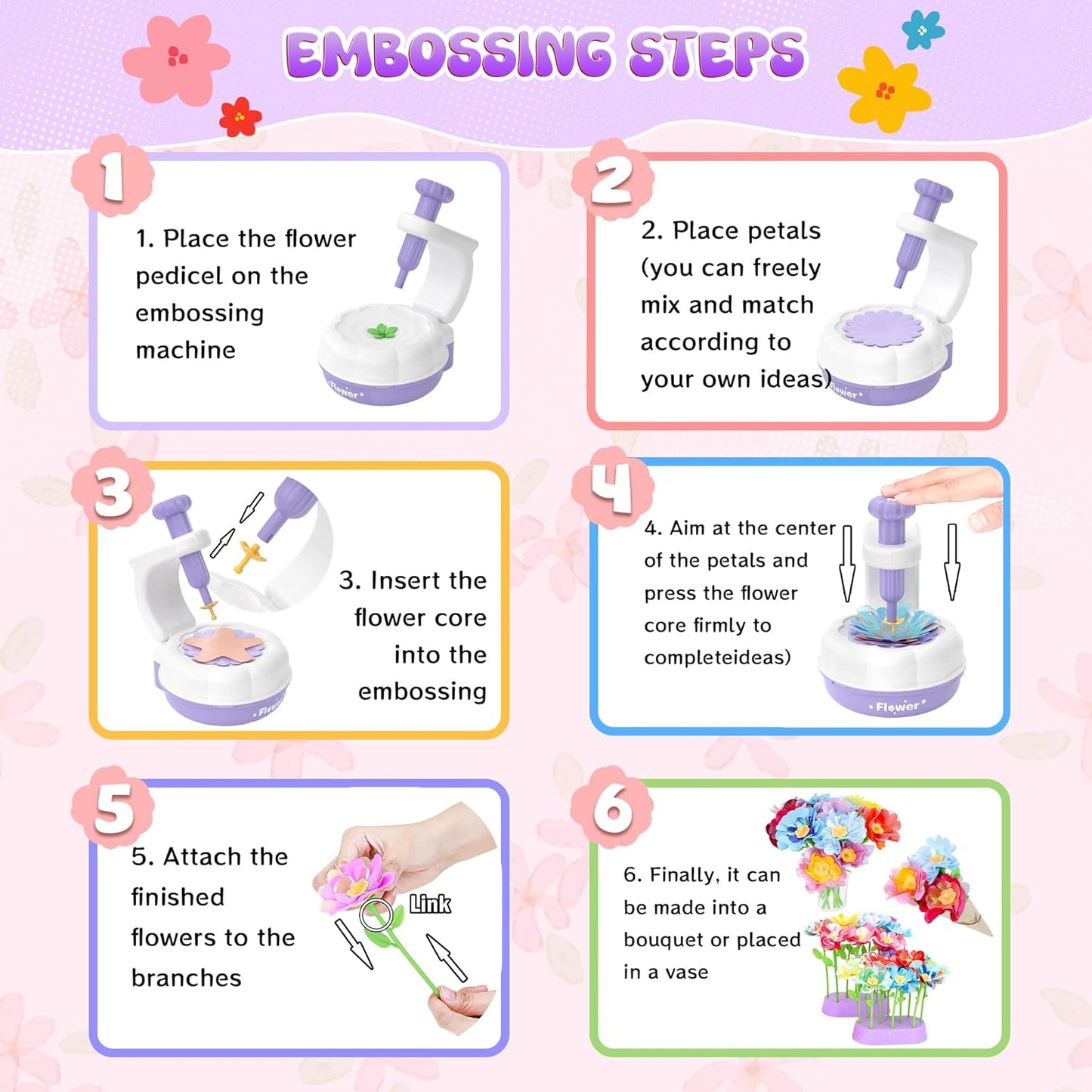 GirlsHome 300+PCS Fabric Flower Bouquets Toys, DIY Flower Crafts Kits for Kids, Arts and Crafts for Kids Ages 6-8 Girls, Build Flower Bouquet, STEM Educational Toy Preschool Gifts (White Purple)