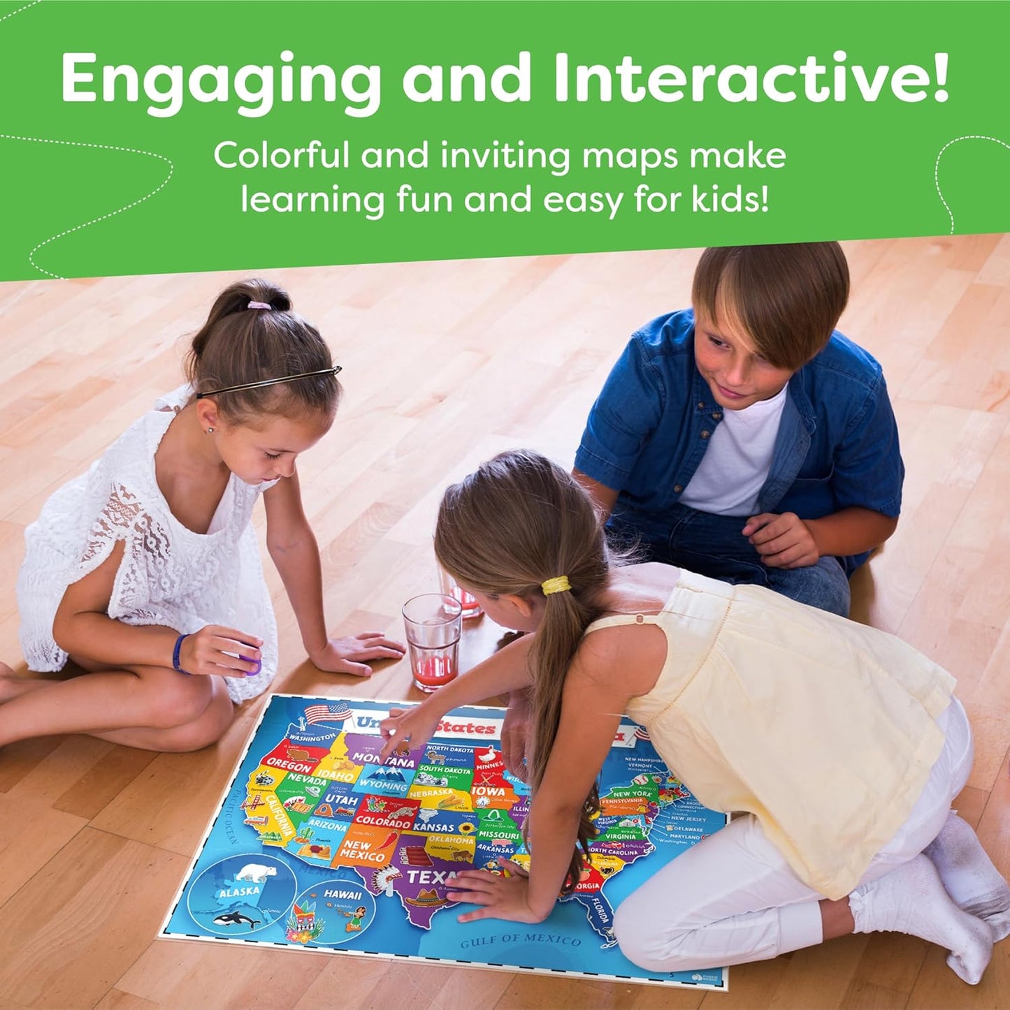 World Map Poster & Map of the United States For Kids - 2pc Set - 24” x 16” USA & World Map For Kids Waterproof Classroom Posters Must Haves - Classroom Decor Educational Posters For Toddlers 1-3