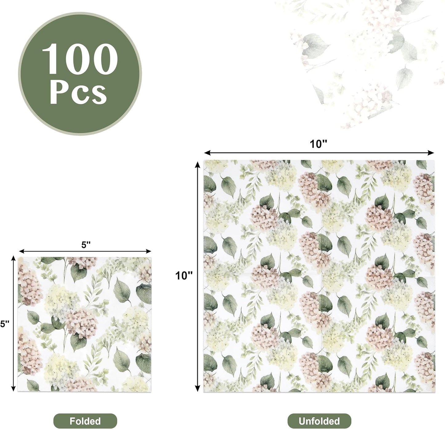 100 Pcs Hydrangea Scatter Floral Cocktail Beverage Napkins Hydrangeas Flowers Disposable Paper Dessert Napkin for Spring Summer Birthday Party Supplies