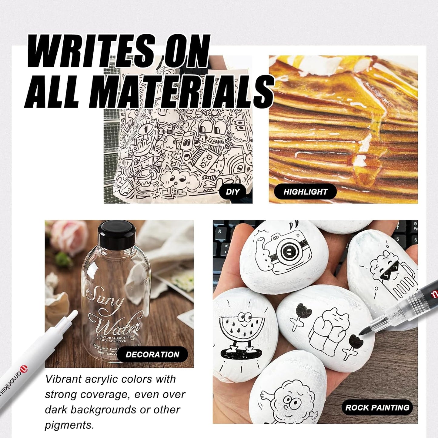 White, Silver & Gold Paint Marker Pens 6 Pack 1.2mm Fine Tip, Permanent Acrylic Ink for Rock, Wood, Metal, Glass, Ceramic, Plastic, Canvas, Pens for DIY Crafts, Art & Fine Detailing