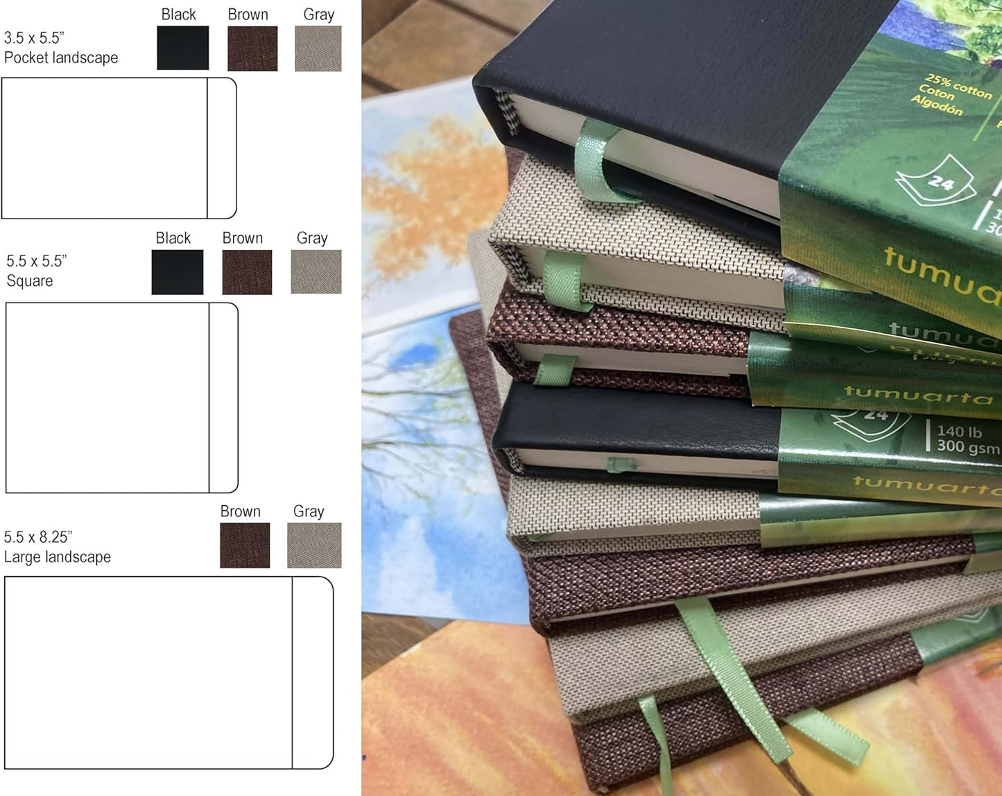 tumuarta Watercolor Journal,140 LB, 300 GSM, 8.25x5.5, Cotton Paper, Cold Press, 24 Sheets, 48 Pages, Watercolor Paper Sketchbooks for Use As Travel Notebook and Mixed Media Pad