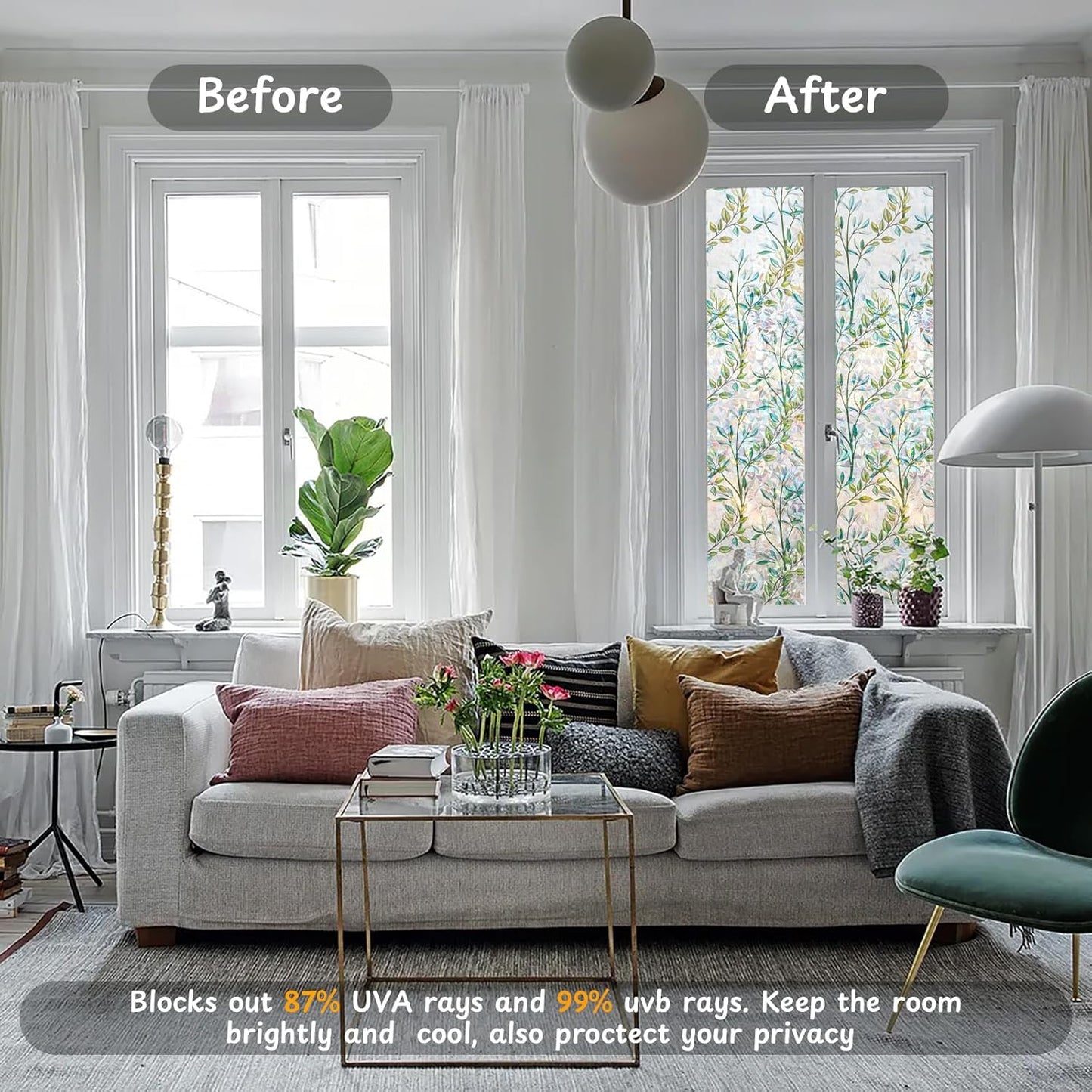 NINETREX Window Privacy Film Stained Glass Window Film 3D Decorative Cling,Sun Blocking Static Cling Removable Film for Glass Door,Home Decor Window Cover Non-Adhesive 17.5 x 157.4 inches,Leaf