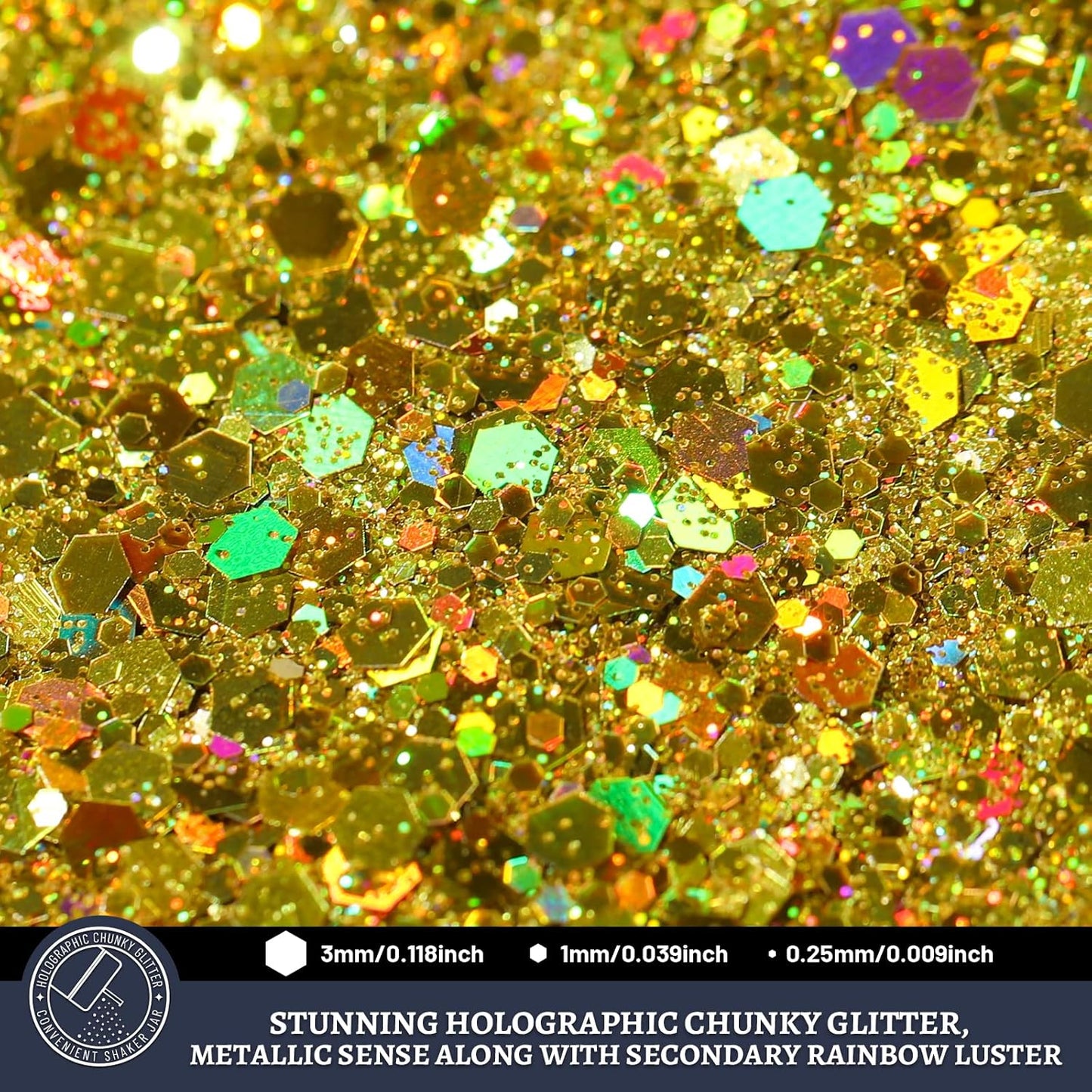 LEOBRO Gold Glitter, 160g/5.64oz Holographic Chunky Glitter for Crafts, Resin, Nail Body, Tumblers, Party Decorations