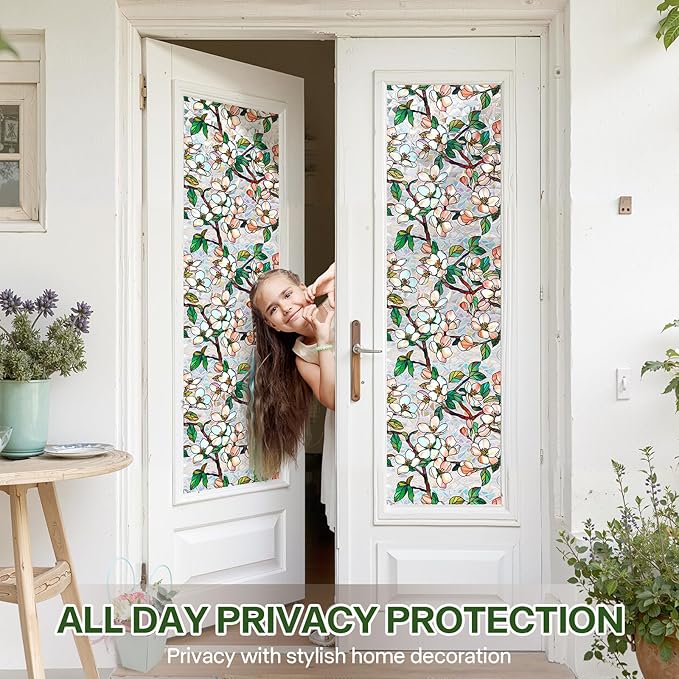 Stained Glass Window Film UV Resistant Window Privacy Film Petal Privacy Rainbow Decals Living Room Bedroom Sun Blocking Decor Removable Static Cling Stickers 17 x 78.74 Inch