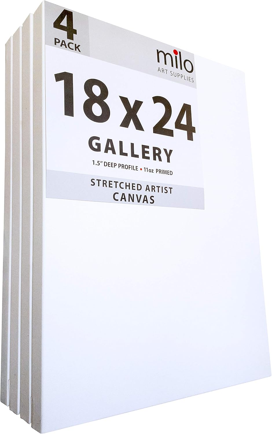 milo Stretched Artist Canvas | 18x24 inches | 4 Pack | 1.5” inch Thick Gallery Profile | 11 oz Primed Large Canvases for Painting, Ready to Paint Art Supplies for Acrylic, Oil