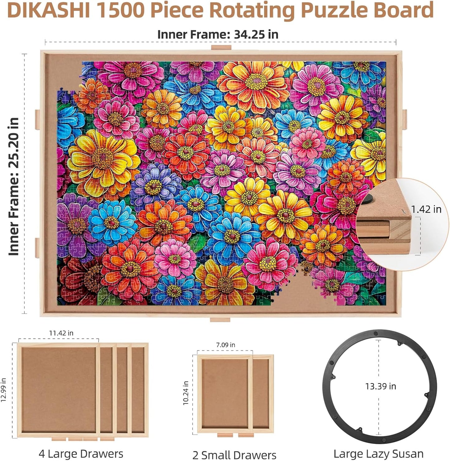 1500 Pieces Rotating Puzzle Board with 6 Drawers, Lazy Susan & Transparent Cover, 34.2"x25.2" Portable Wooden Jigsaw Puzzle Board, Great Gift for Puzzle Enthusiasts
