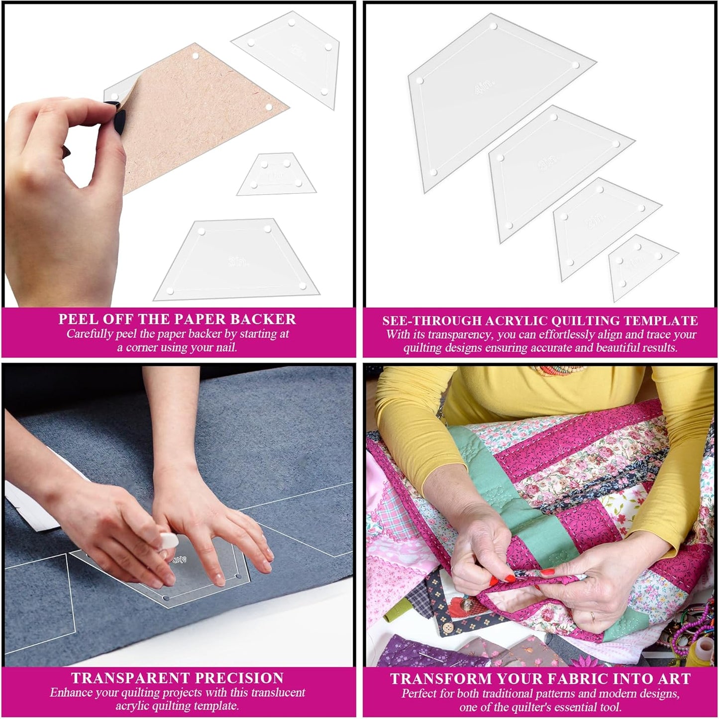 Quilting Acrylic Template Set | Precision Tools for Quilting Enthusiasts | Half Hexagon Design | Includes Sizes 4", 3", 2", 1" | 1/8 Clear Acrylic | 1/4" Seam Allowance for Accuracy