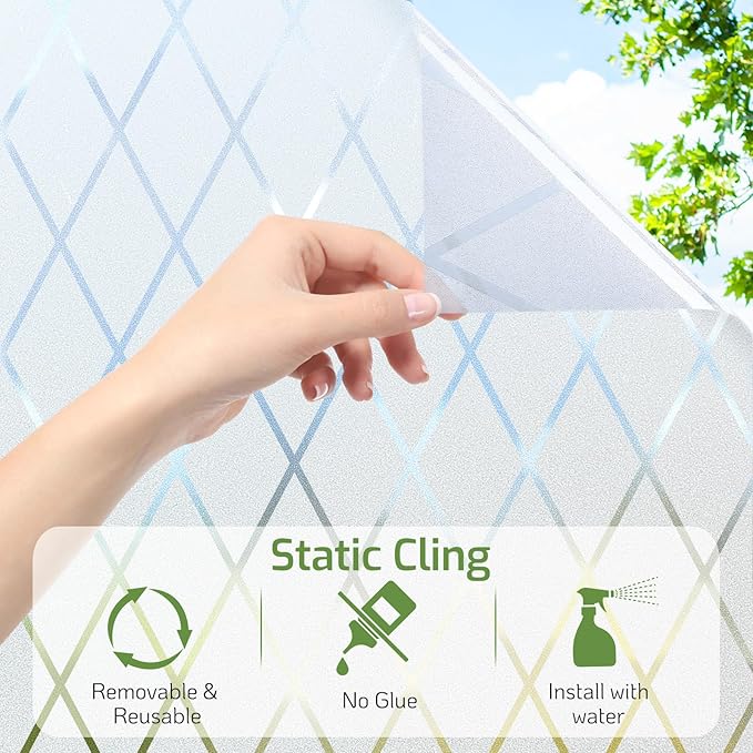 LUTE Frosted Window Privacy Film, Static Cling UV Sun Blocking Heat Control Window Cover, Removable Non-Adhesive Glass Sticker Vinyl Decorative Frosting Decals for Home Office, Lattice, 35.4" x 78.7"