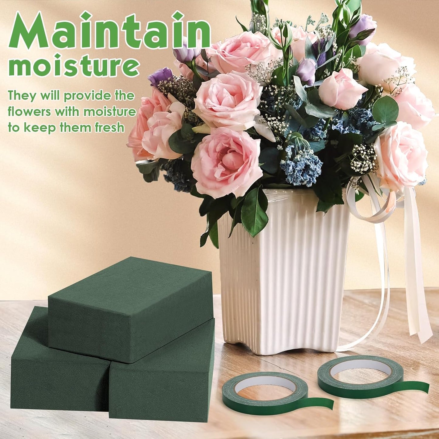 MAPVOLUT 10 Pcs Green Floral Foam Blocks (5.5” x 3.1” x 1.7”) with 2 Rolls Waterproof Floral Tape - 12mm x 65.62ft, for Fresh or Artificial Flower Arrangements, DIY Wedding, Home Decor, and Crafts