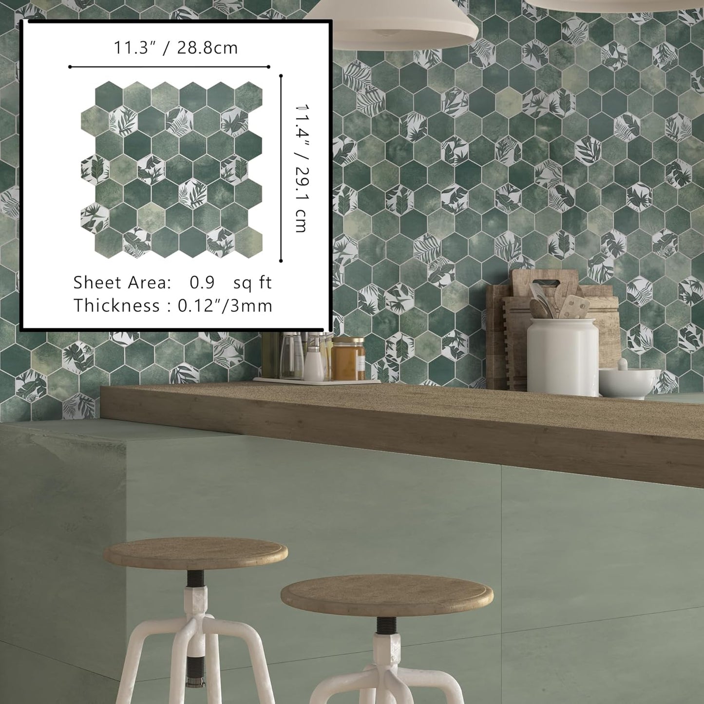 The Tiles Plaza 10-Sheet Peel and Stick Backsplash, Green Cement Hexagon Stone Composite Marble Looks Self Adhesive Wall Tile, Stick On Tiles for Kitchen Bathroom Shower, Cover 9 Sq Ft.