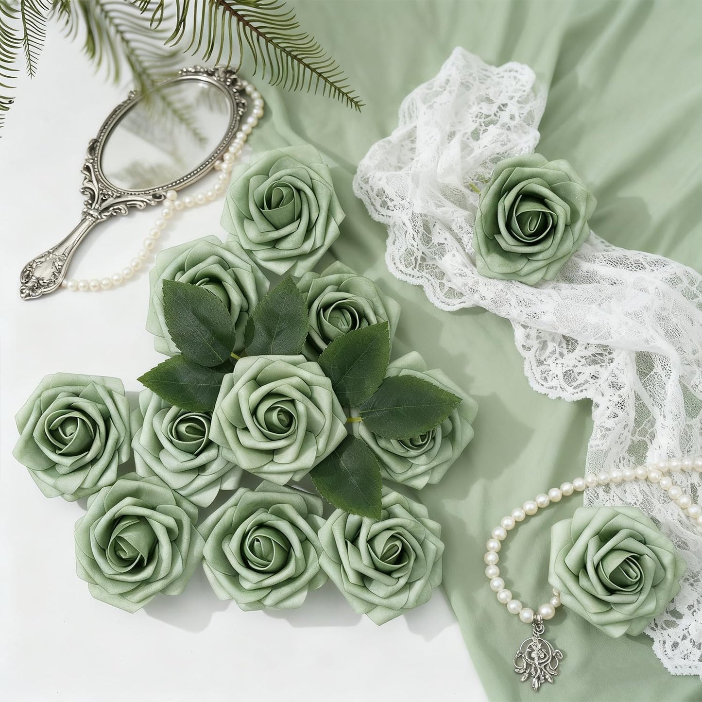 Artificial Flowers Foam Fake Roses 25pcs Green Roses with Stems for Home Decor DIY Wedding Bouquets Party Bridal Shower Centerpieces Faux Flower Arrangements Tables Decorations