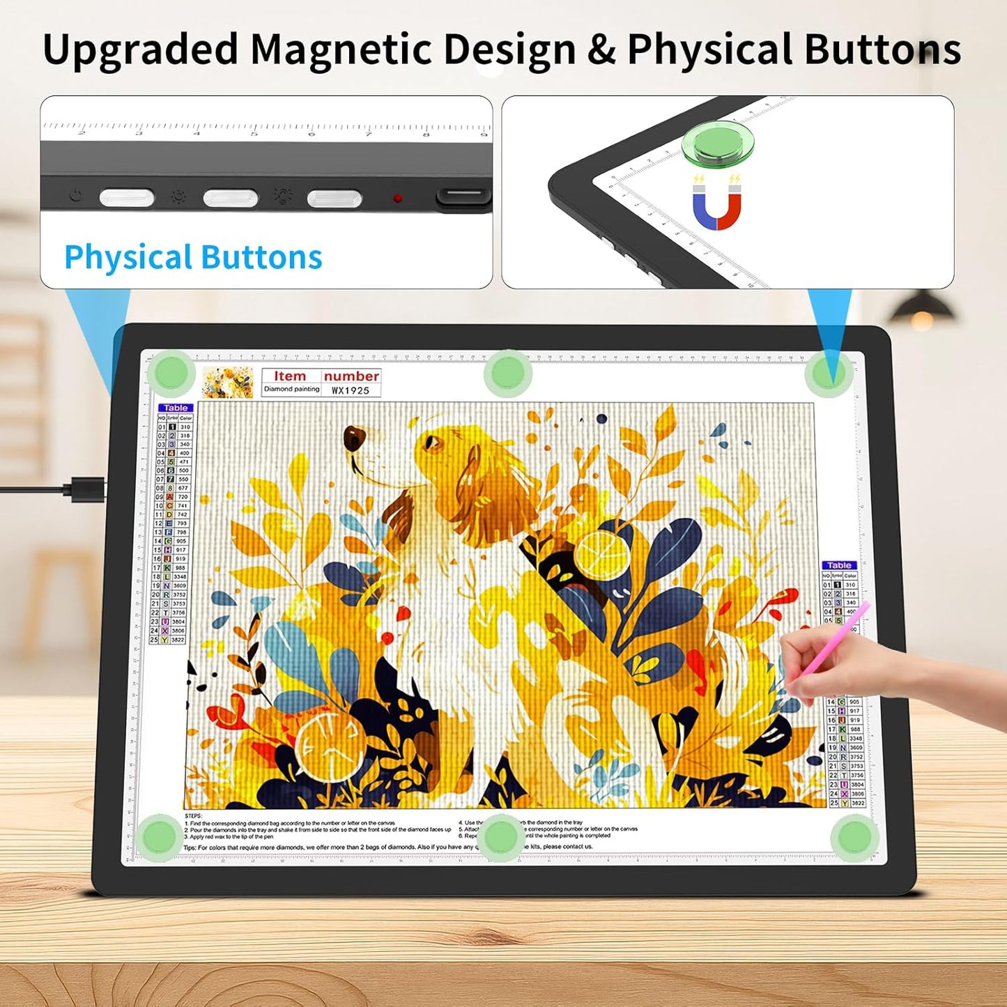 TOHETO A2 Light Pad 25.2''x18.4'', Large Magnetic LED Light Board for Diamond Painting, 3-Color Modes Light Box for Tracing, 6-Level & Stepless Dimmerable Diamond Art Light Table for Drawing,Sketching