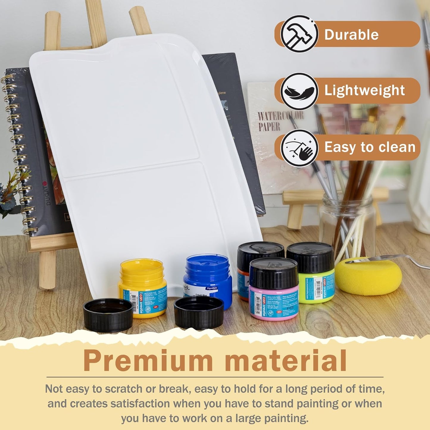 DUGATO Large Rectangular Paint Palettes (2 Pack, 13.8x9 inches) - 3 XL Well Plastic Mixing Trays for Acrylic, Oil, Watercolor & Gouache