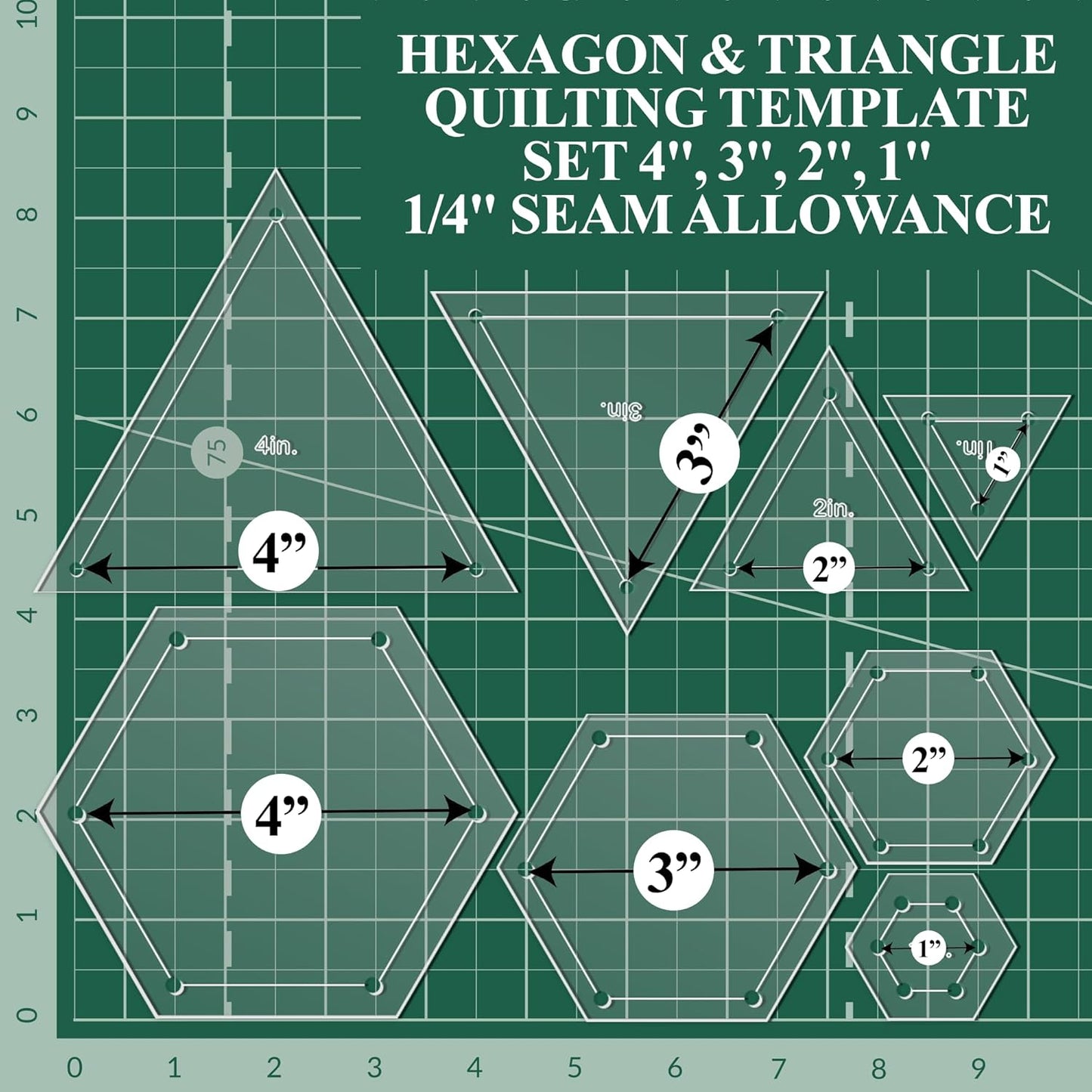Quilting Acrylic Template Set | Precision Tools for Quilting Enthusiasts | Hexagon & Triangle Design | Includes Sizes 4", 3", 2", 1" | 1/8 Clear Acrylic | 1/4" Seam Allowance for Accuracy