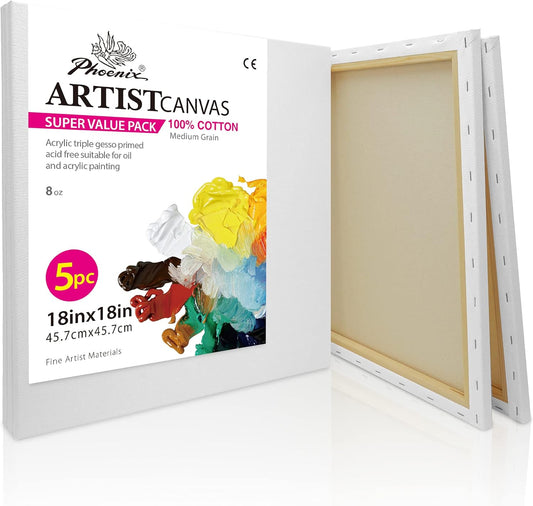 PHOENIX Large Stretched Canvas for Painting 18x18 Inch/5 Value Pack, 8 Oz Triple Primed 5/8 Inch Profile 100% Cotton White Blank Canvas, Square Framed Canvas for Oil Acrylic & Pouring Art