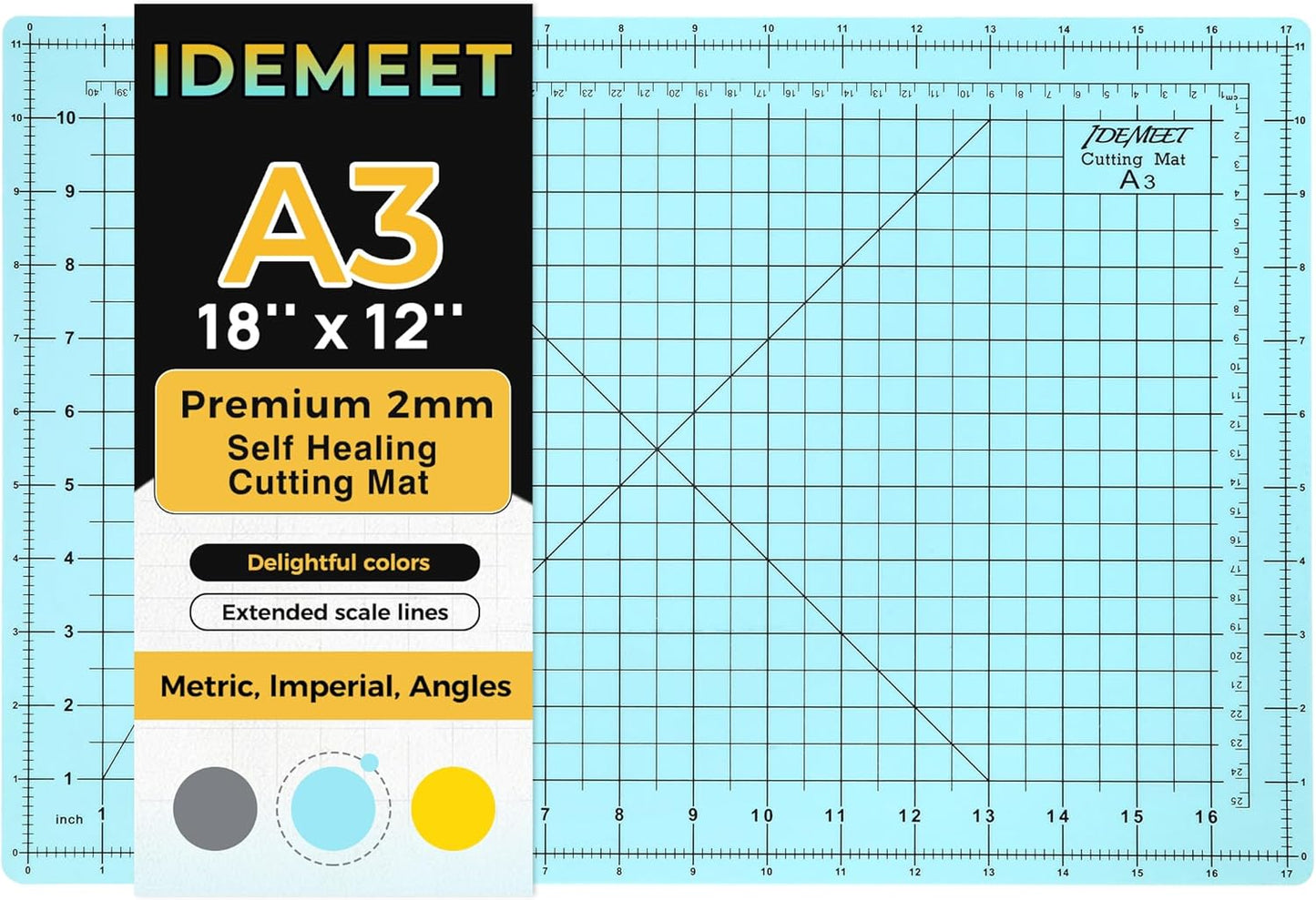 Premium Idemeet Self Healing Cutting Mat 18'' x 12'', A3 Non-slip Sewing Mat for Quilting, 5-Ply Rotary Cutting Board Double-Sided for Crafts Cutting Fabric Scrapbooking Modeling Projects, Aqua Blue