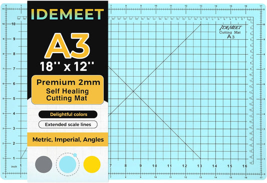 Premium Idemeet Self Healing Cutting Mat 18'' x 12'', A3 Non-slip Sewing Mat for Quilting, 5-Ply Rotary Cutting Board Double-Sided for Crafts Cutting Fabric Scrapbooking Modeling Projects, Aqua Blue