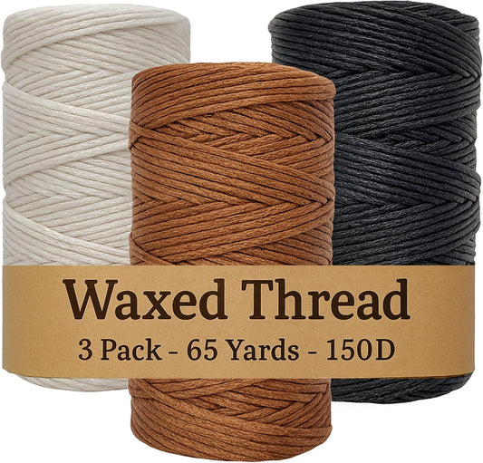 Waxed Thread 3X Wax Thread, 65 Yardx0.8mm Wax String, 150D Waxed Leather String in Black, Brown and White Perfect Dream Catcher Supplies