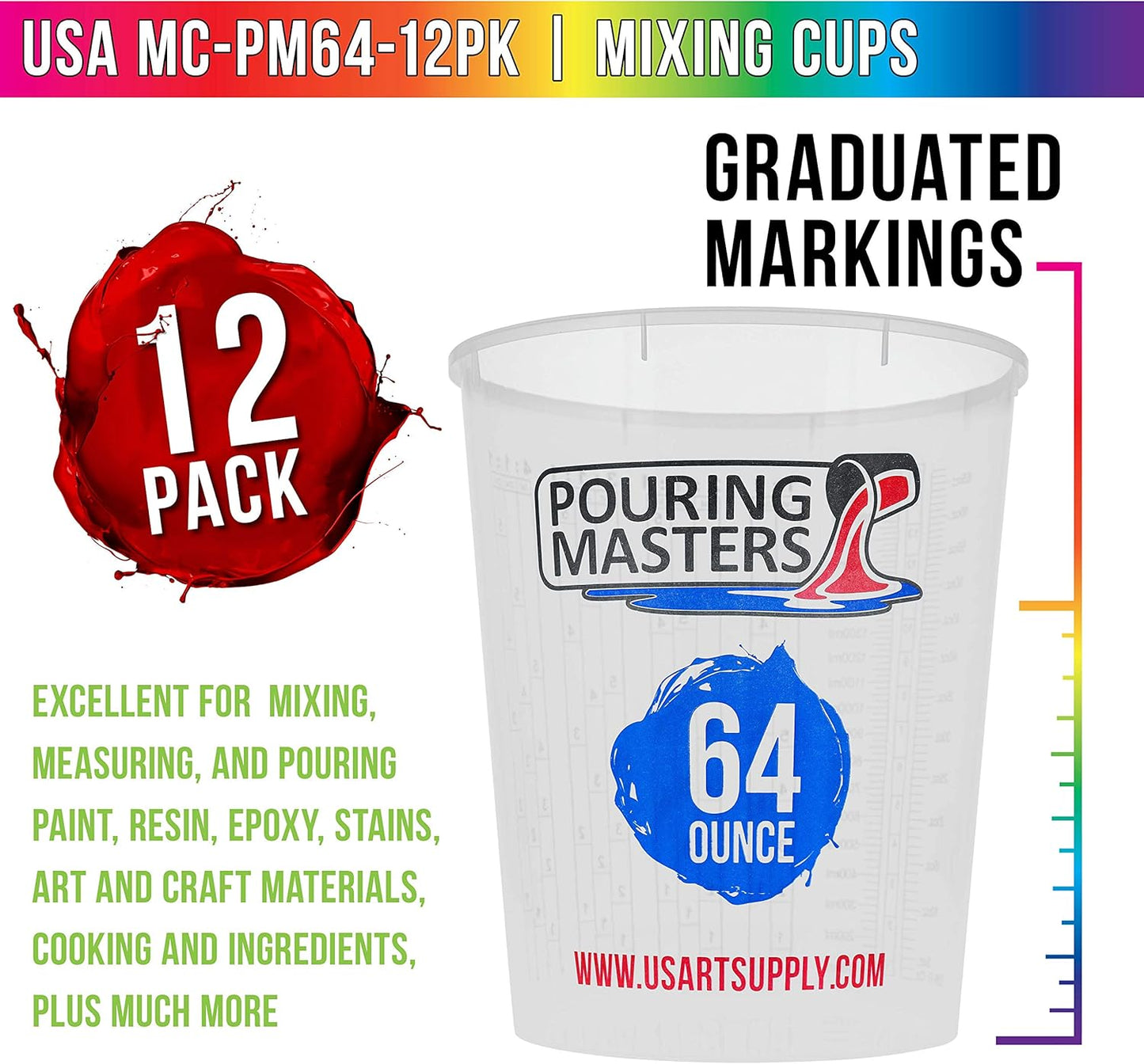 Pouring Masters 64 Ounce (2000ml) Graduated Plastic Mixing Cups (Box of 12) - Paint Mixing Cups for Epoxy Resin, Art, Kitchen, Baking - Measurements in OZ and ML, 4 Different Measuring Ratios 1:1