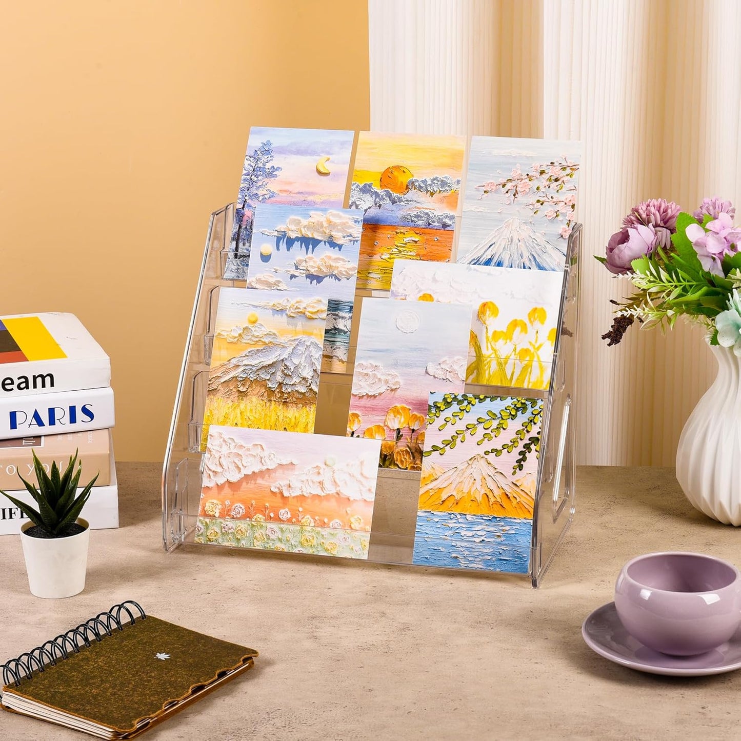 Elevated 4 Tier Clear Acrylic Card Display Stand for Trading Cards, Sports Cards, Greeting Cards, Stickers – Slanted Holder for PSA Slabs, Vendors, Collectors & Retail (4 Tier 1 Pack)