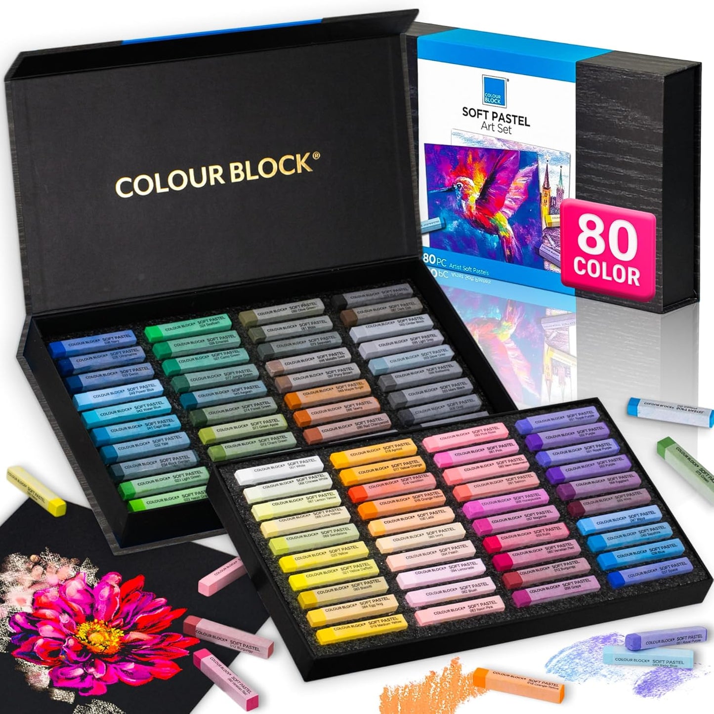 COLOUR BLOCK Soft Pastels for Artists - 80 Colors Square Chalk Soft Pastels Art Set in CARBON Box - Vibrant Pigments Art Kit for Painting, Drawing, Sketching, Hobbyists, Students and Kids