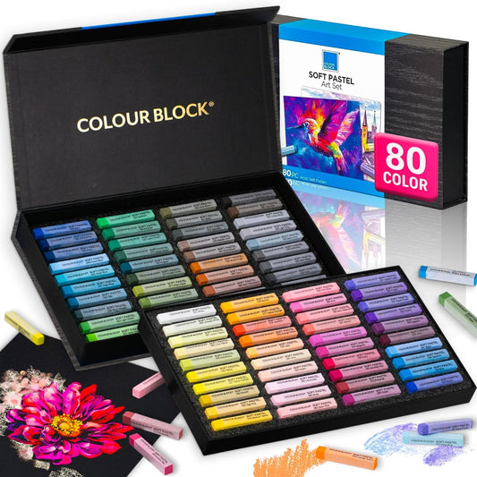COLOUR BLOCK Soft Pastels for Artists - 80 Colors Square Chalk Soft Pastels Art Set in CARBON Box - Vibrant Pigments Art Kit for Painting, Drawing, Sketching, Hobbyists, Students and Kids