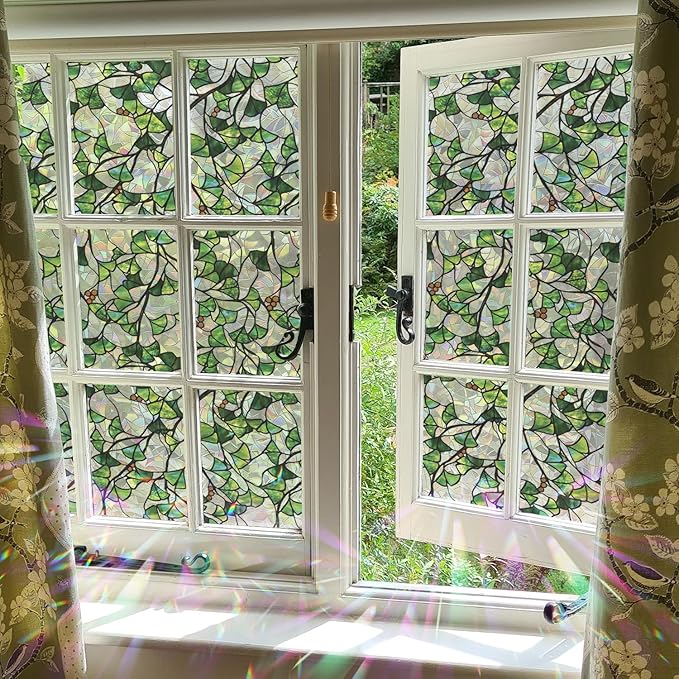 Rainbow Window Privacy Film Stained Glass Handmade Design for Bathroom, Ginkgo Leaves, 118.11'' x 16.92''
