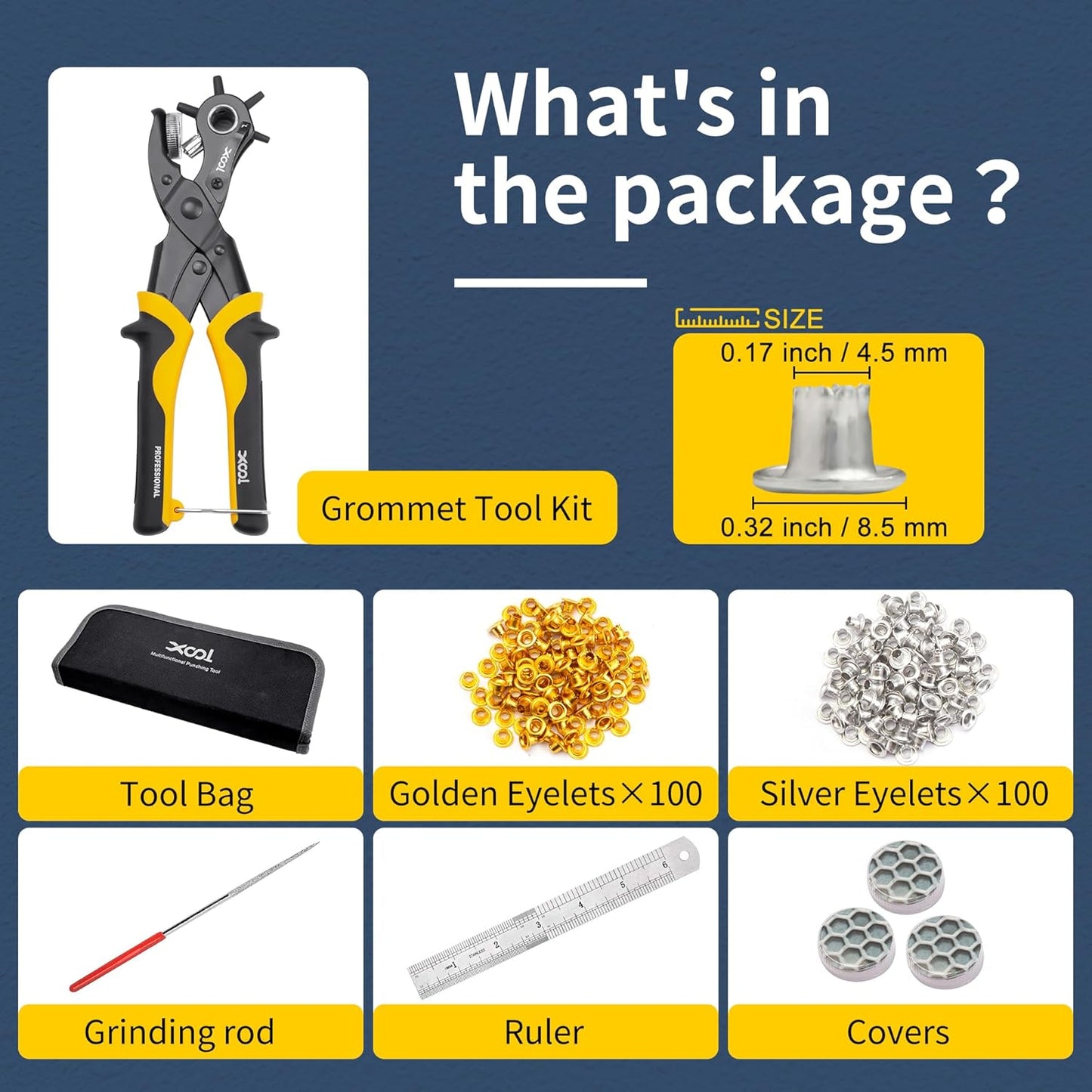 XOOL 2 in 1 Leather Hole Punch Eyelet Tool Kit, 3/16" 4.5mm Metal Eyelets for Fabric, Hole Puncher, Eyelet Pliers for Shoes Leather Clothes Belt