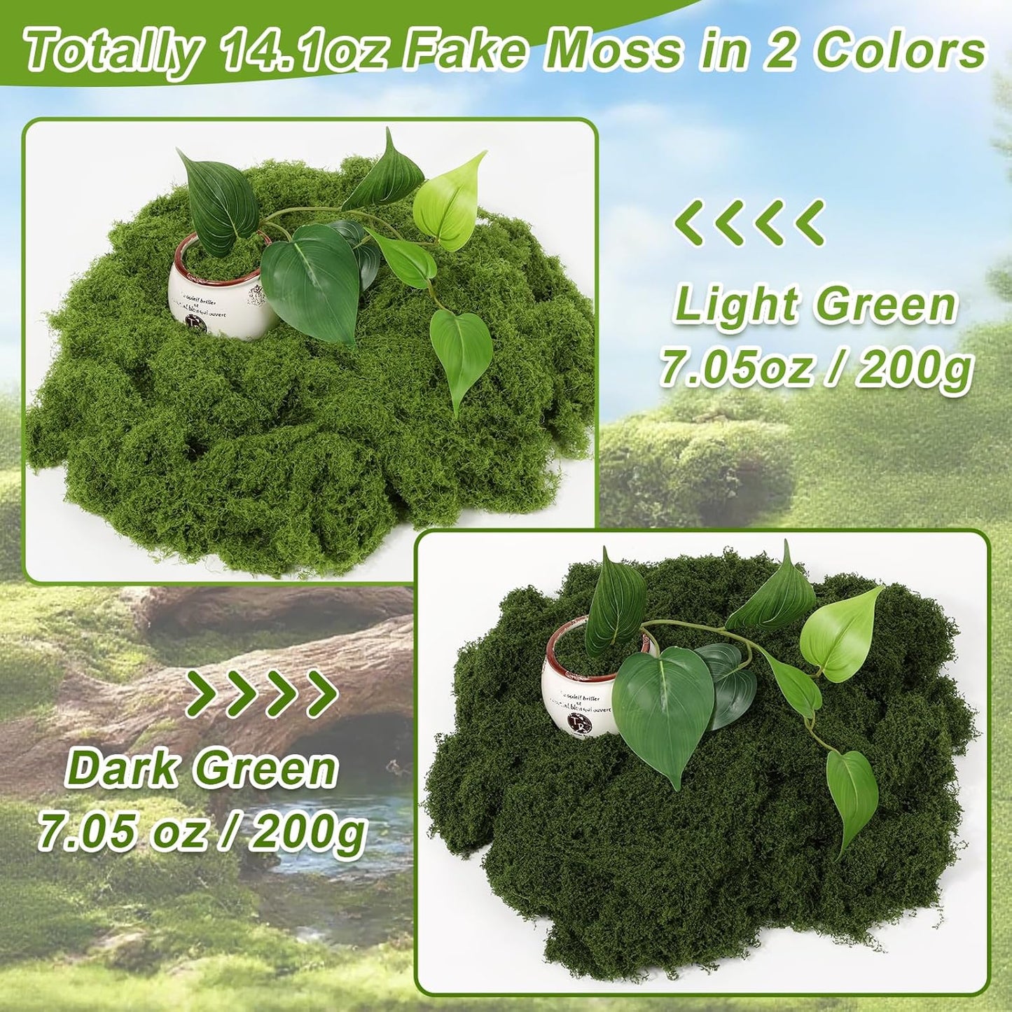 Jollidecor Fake Moss for Crafts, 14.1 OZ Artificial Moss for Plants Indoor Decorative Light Green and Dark Green Faux Moss DIY Fairy Garden Decor for Potted Plant