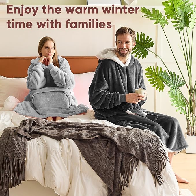 yescool Wearable Blanket Hoodie, Flannel Sherpa Fleece Blanket Sweatshirt for Adults Women Men,One Size Fits All