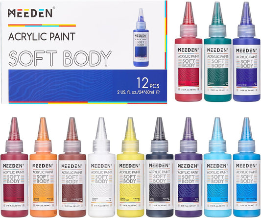 MEEDEN Soft Body Acrylic Paints Set: Matte Finish 12 Colors x 60ml/2oz Fluid Acrylic Paints for Art Painting on Canvas Wood & Glass for Students Adults Artists