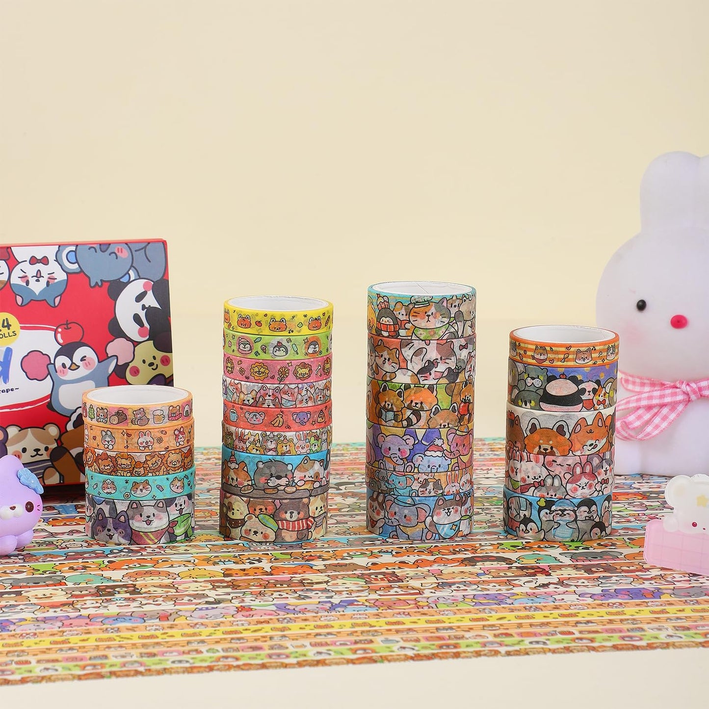 24 Rolls Colorful Cute Cartoon Animal Writable Washi Tape Set, Decorative Tapes for Scrapbooking and Journaling, Junk Journal Supplies, Bullet Journaling for Women Girl 8-15mm Wide 9.84ft Long/Roll