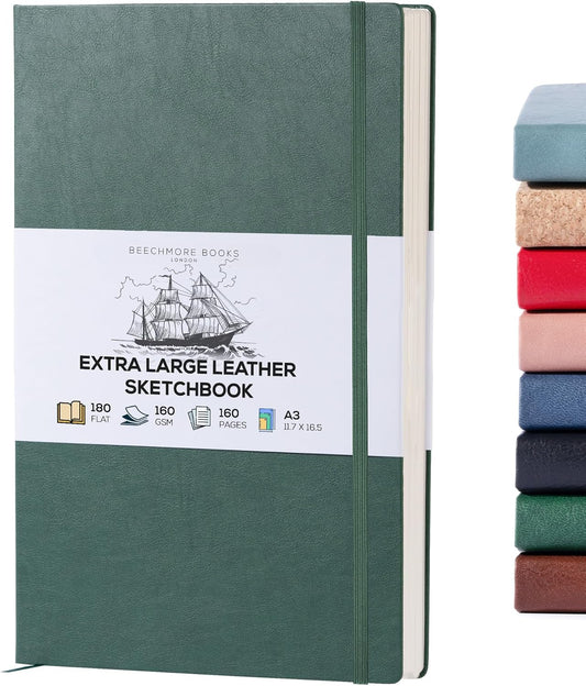 Beechmore Books A3 Sketchbook – 11.7x16.5 Premium Vegan Leather Bound Large Sketch Book Hardcover with 160 Thick 160gsm Perforated Ivory Pages, Blank Sketch Pad Gift Boxed Back Pocket Ribbon Bookmark
