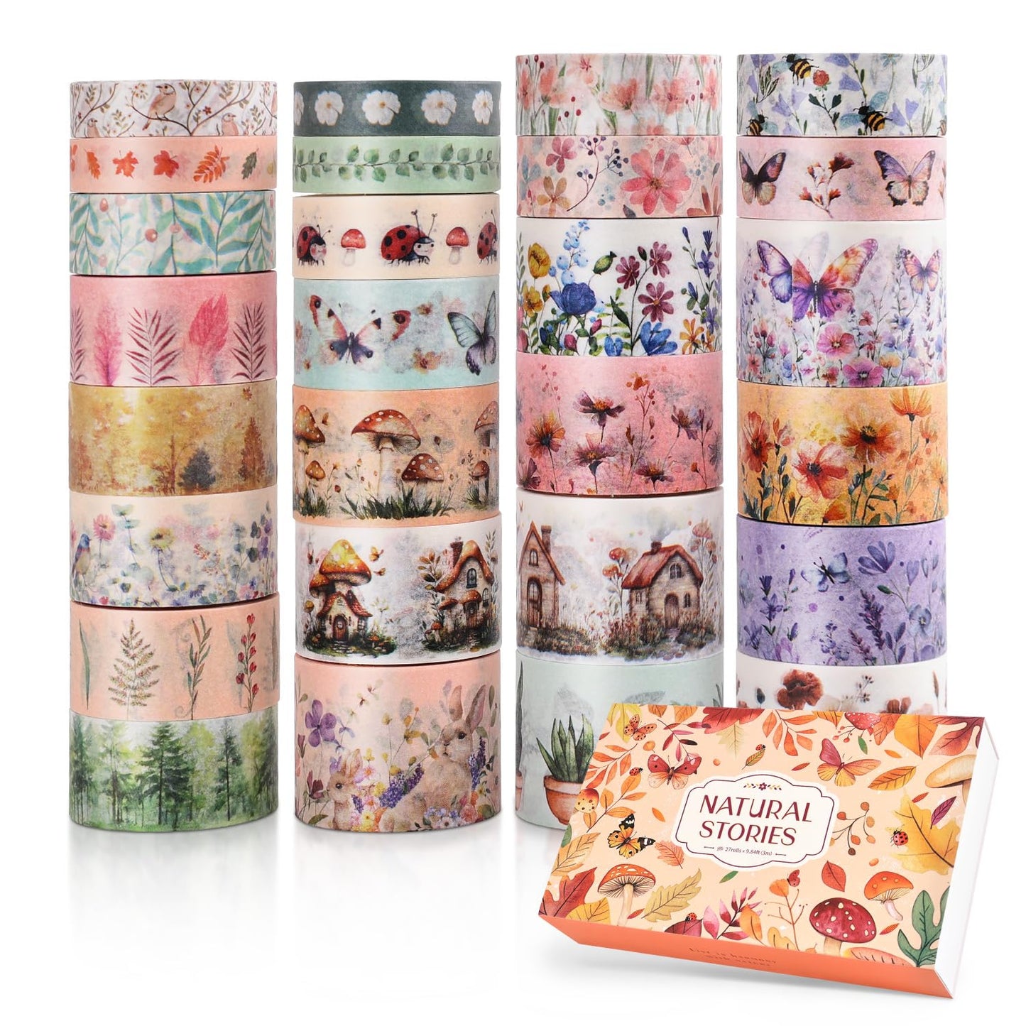 27 Rolls Vintage Washi Tape Set, Floral Butterfly Forest Mushroom Botanical Flower Writable Decorative Tapes for Scrapbooking, Junk Journal Supplies, Bullet Journaling 9.84ft Long/Roll