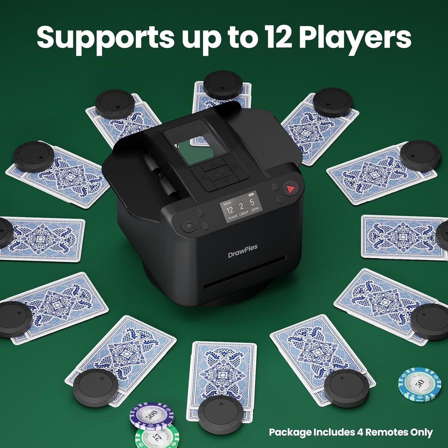 Automatic Card shuffler and Dealer 2-in-1 Machine 2025, 1-12 Player, Rotatable 360°, Remote Card Calling, Ultra Quiet, Rechargeable, for Board Games and Poker, Casino Card, UNO, Five Crowns