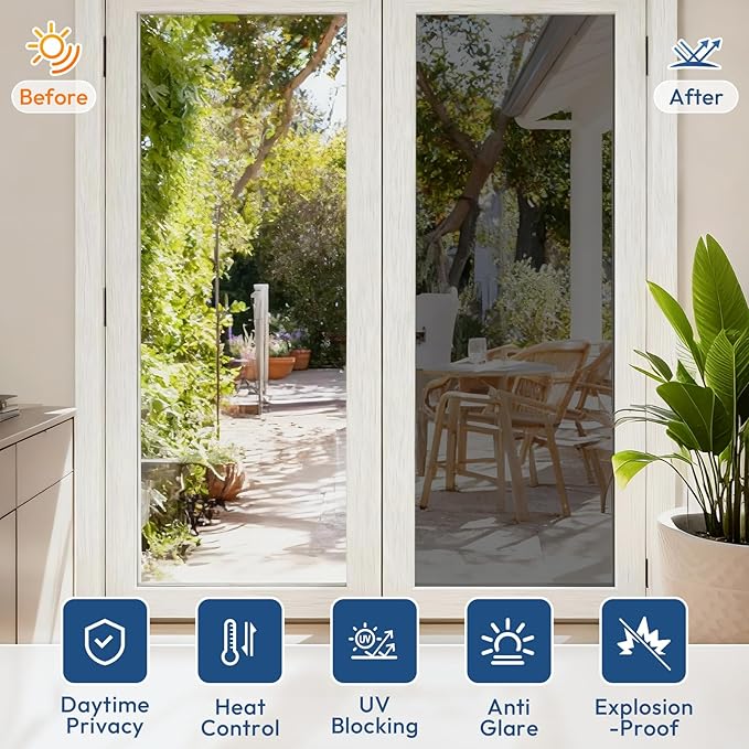 rabbitgoo Window Tint for Home One Way Privacy Window Film See Out Not in Heat UV Blocking Reflective Removable Static Cling Mirror Decorative House Glass Covering, Black Silver, 35.4 Inch X 6.5 Feet