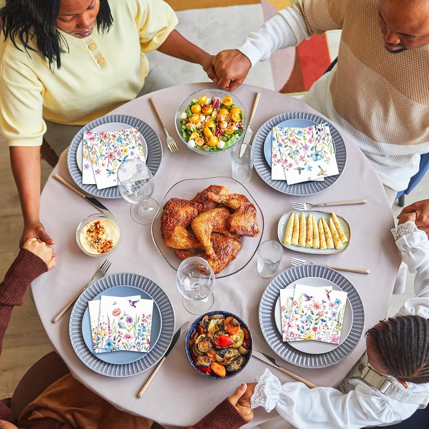 Fulmoon 200 Pieces Summer Floral Cocktail Napkins Disposable Flower Dessert Paper Napkins Bulk Wildflower Hummingbird Decoupage Beverage Towel for Summer Tea Party Dinner Table Decorative Supplies