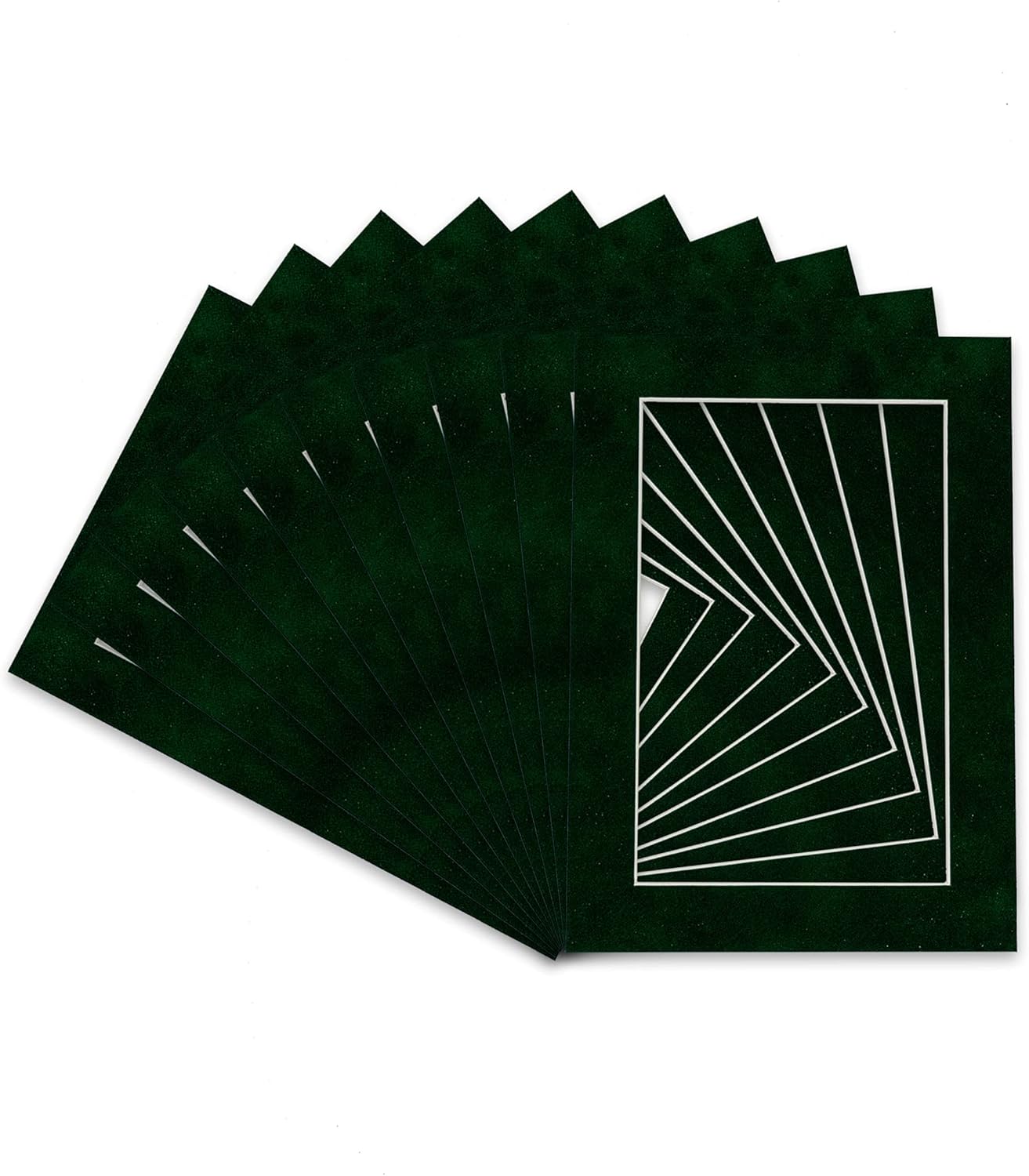 Pack of Ten Acid Free 8x10 Mats Bevel Cut for 5x8 Photos - Green Suede Precut Matboards With Backing Boards and Self Seal Photo Mat Bags For Pictures, Photos, Framing - 4-ply Thickness
