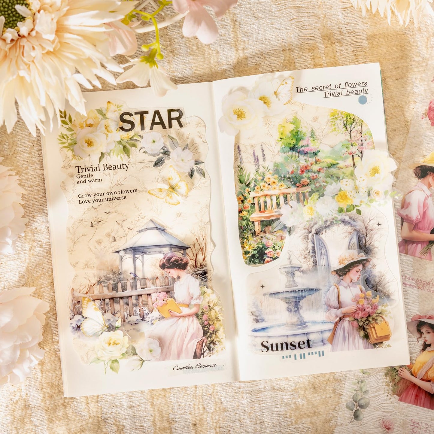 Garden and Girl PET Tape Set, 4 Rolls Pre-Cut Adhesive Tapes for Scrapbooking, Journaling, DIY Crafts, and Art Supplies