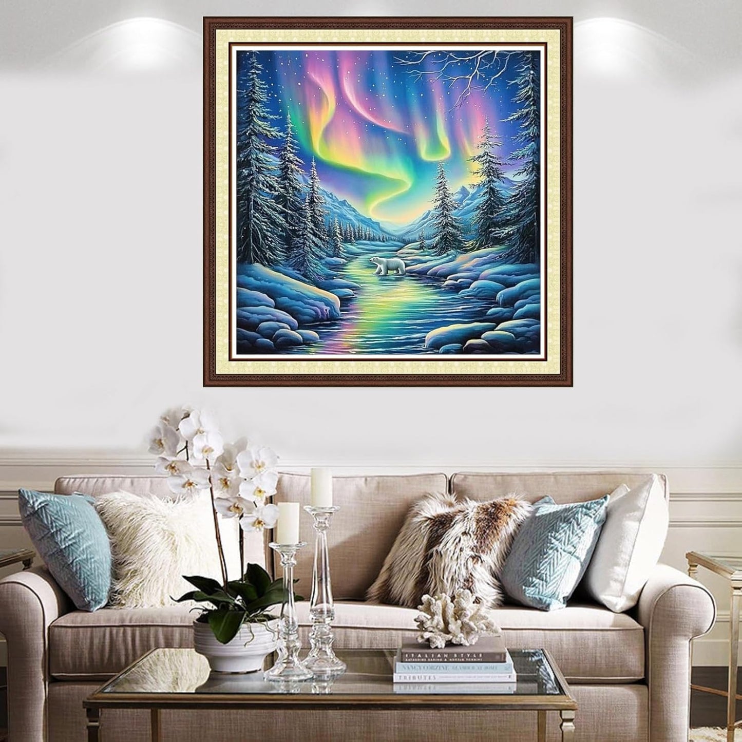 Findvoor Counted Cross Stitch Kits for Adults Full Range of Cross Stitching Embroidery Unprinted Pattern for Beginners, 11CT Needlepoint Kit Patterns Embroidery Kits-Northern Lights Bear 18x18 inch