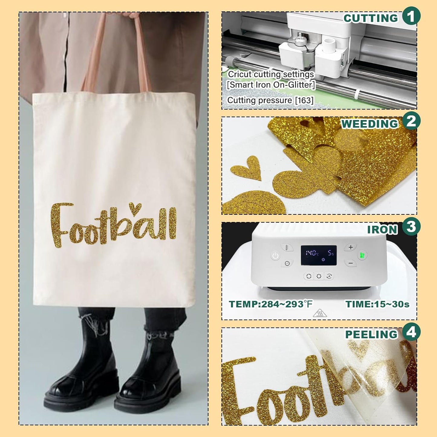 Golden Glitter HTV Heat Transfer Vinyl, 12" x 8ft lron on Vinyl, for T-Shirt Ironing, Vinyl HTV Easy to Cut and Weed, The Best Choice for DIY Creativity. (Golden, 12" x 8ft)