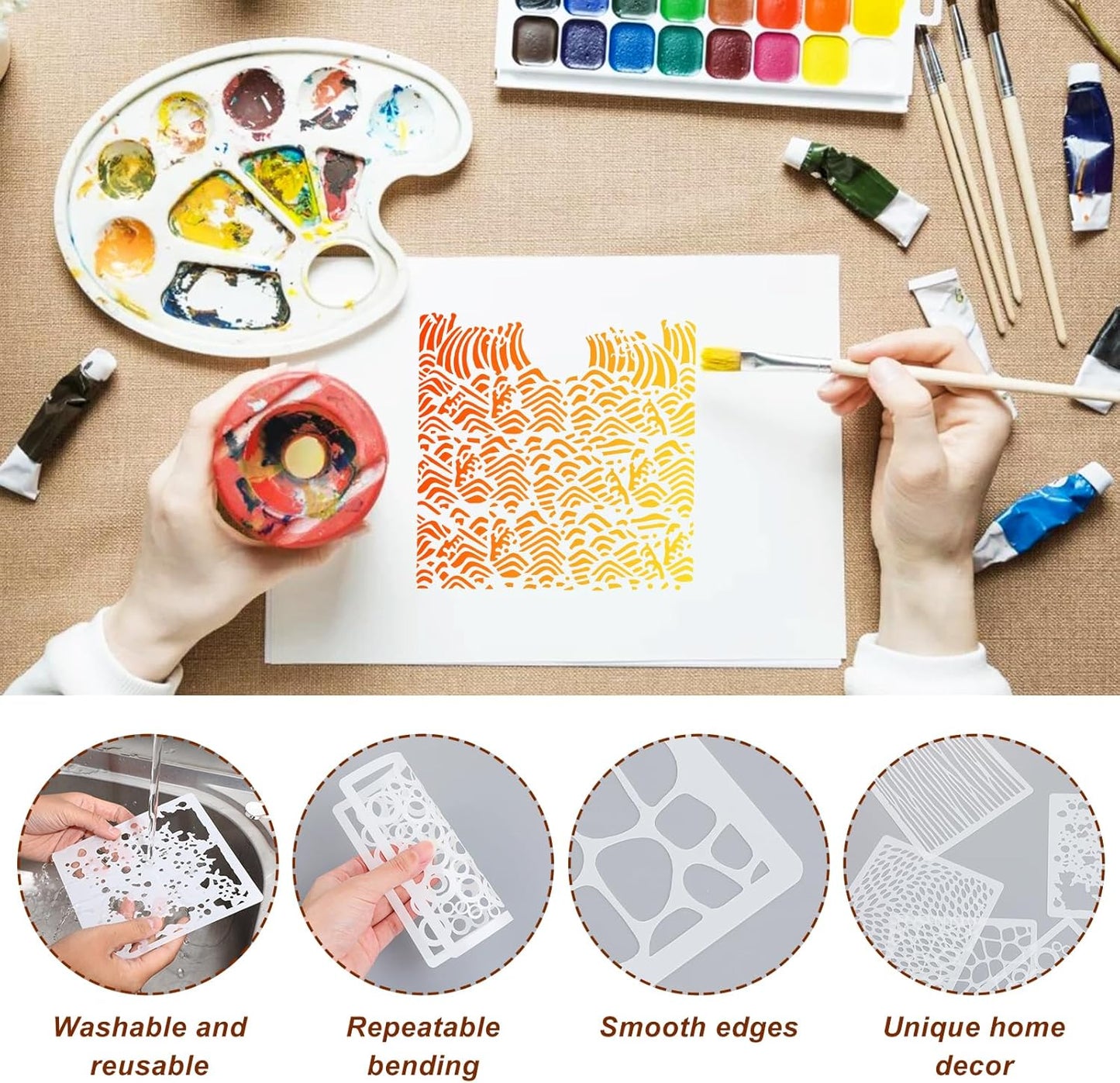 16Pcs Layering Stencils for Painting, 6"x6" Paint Stencils Mixed Texture Bubble Dot Waves Stone Crackle Splatter Geometric Stencil, Stencil for Painting on Wood DIY Art Crafts