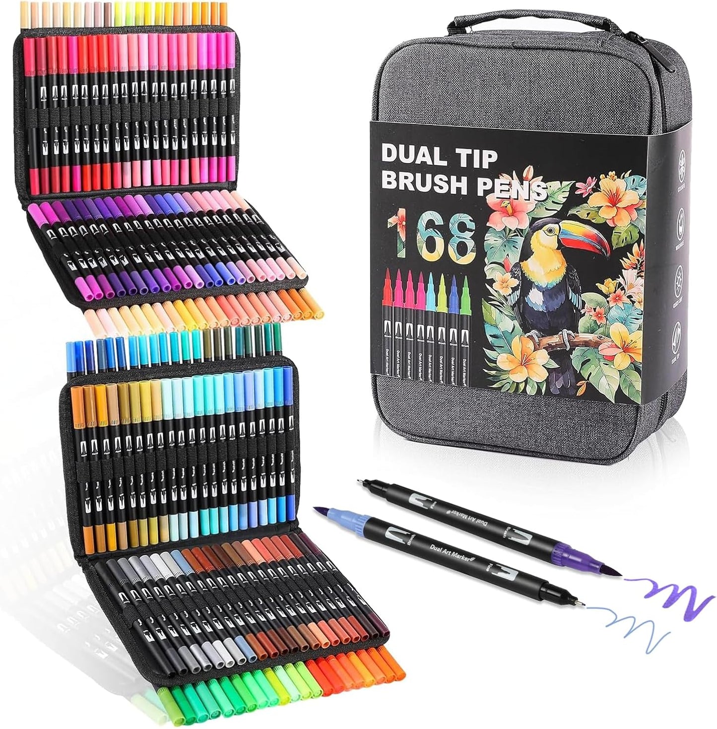 Dual Tip Markers, Double Brush Art Markers Set with Fine Tip and Brush Tip for Adult Coloring Book, Hand Lettering, Calligraphy & Drawing, Art Supplies Kit for Kids and Adults (168 Colors)