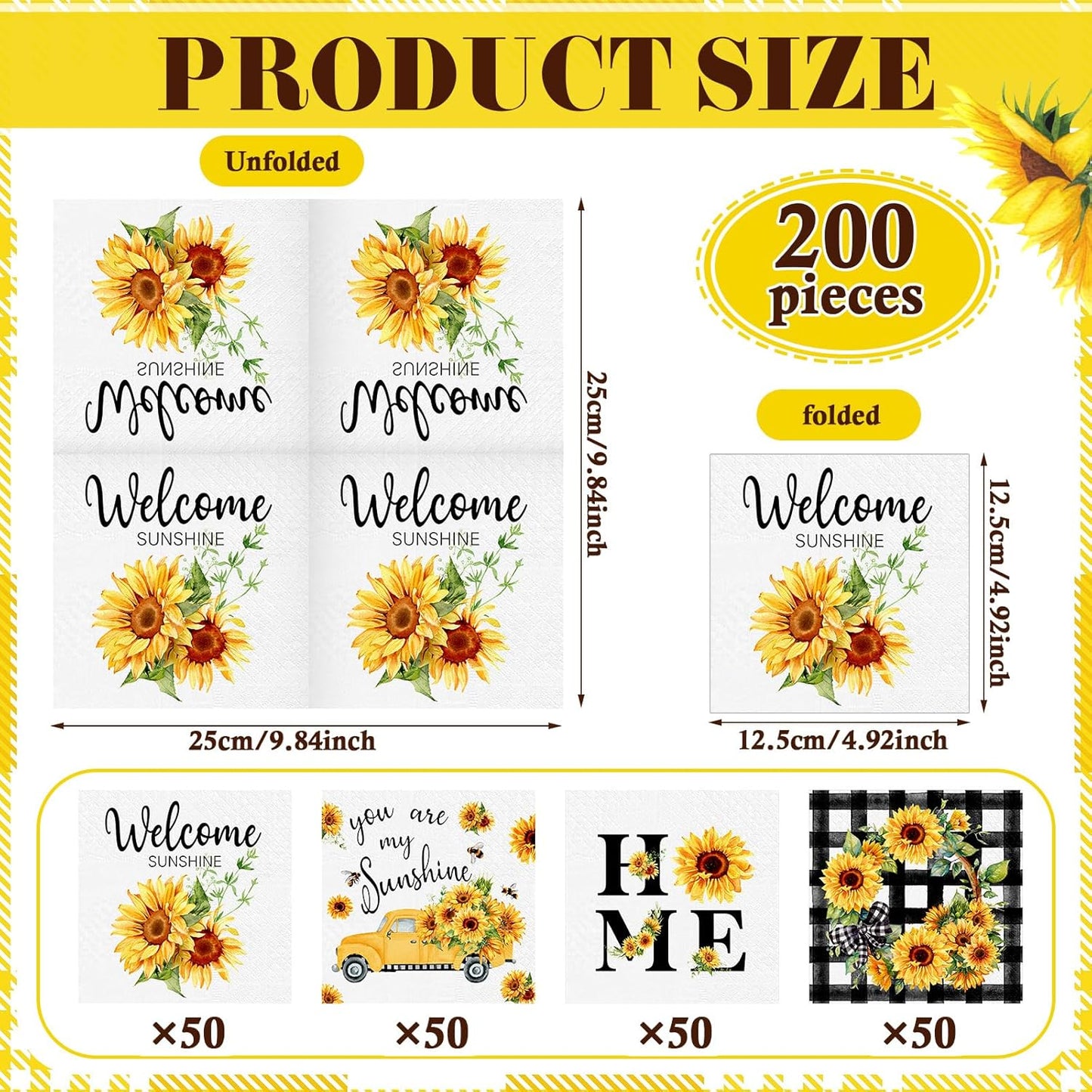 Fulmoon 200 Pieces Summer Sunflower Cocktail Napkins Disposable Floral Dessert Paper Napkins Bulk Sunshine Decoupage Beverage Towel for Summer Sun Party Dinner Decorative