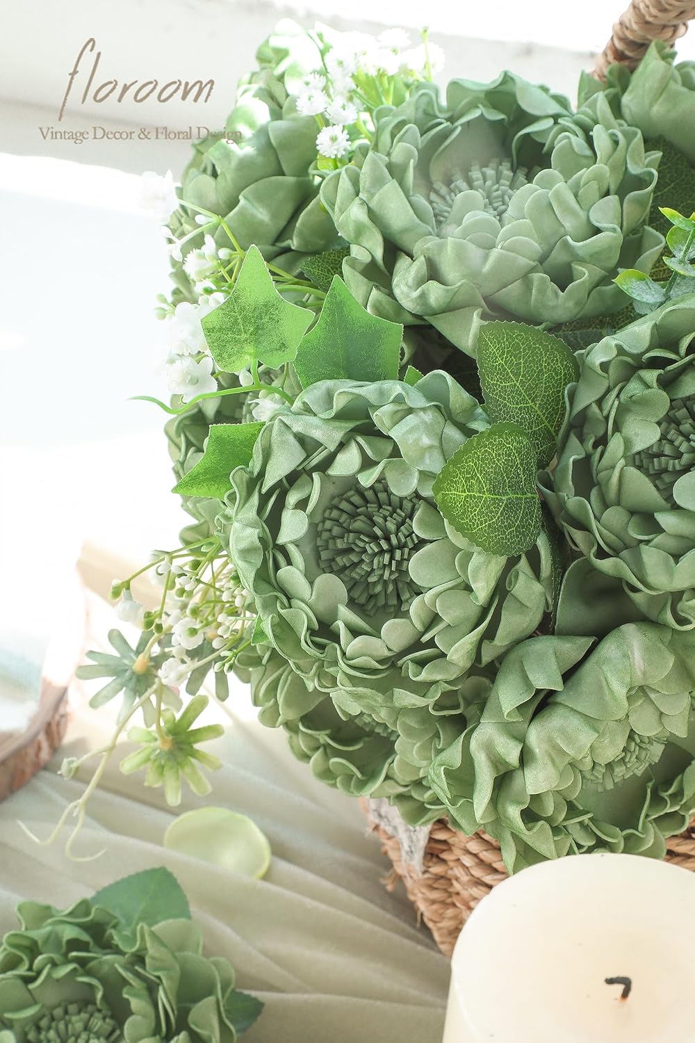 Floroom Artificial Flowers 16pcs 4" Elf Green Blooming Peonies Real Looking Foam Fake Peony with Stems for DIY Wedding Bouquets Sage Green Bridal Shower Centerpiece Floral Arrangement Table Decoration