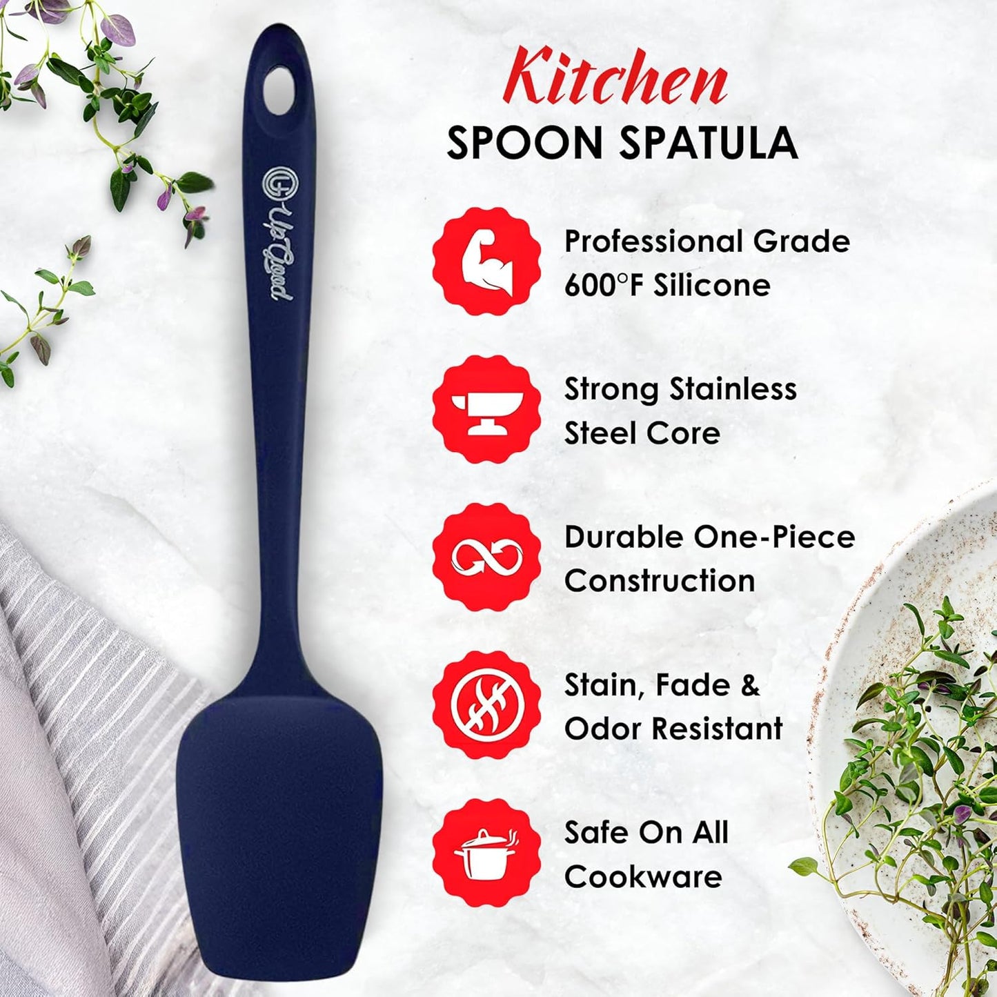 Silicone Spoon Spatula - 600ºF Heat-Resistant Non-Stick Rubber Spoonula | Use as Silicone Kitchen Scraper Utensil - Baking and Cooking Strong Stainless Steel Core | UpGood Kitchen Utensils, (Blue)
