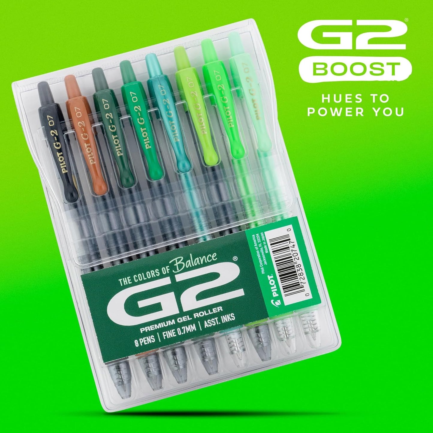 Pilot G2 Premium Gel Roller Pens, Fine Point Gel Pens, Boost Green Pack, The Colors of Balance, 8-Pack Pouch, 0.7 mm, Assorted - Ideal for School, Journaling, & Office Writing