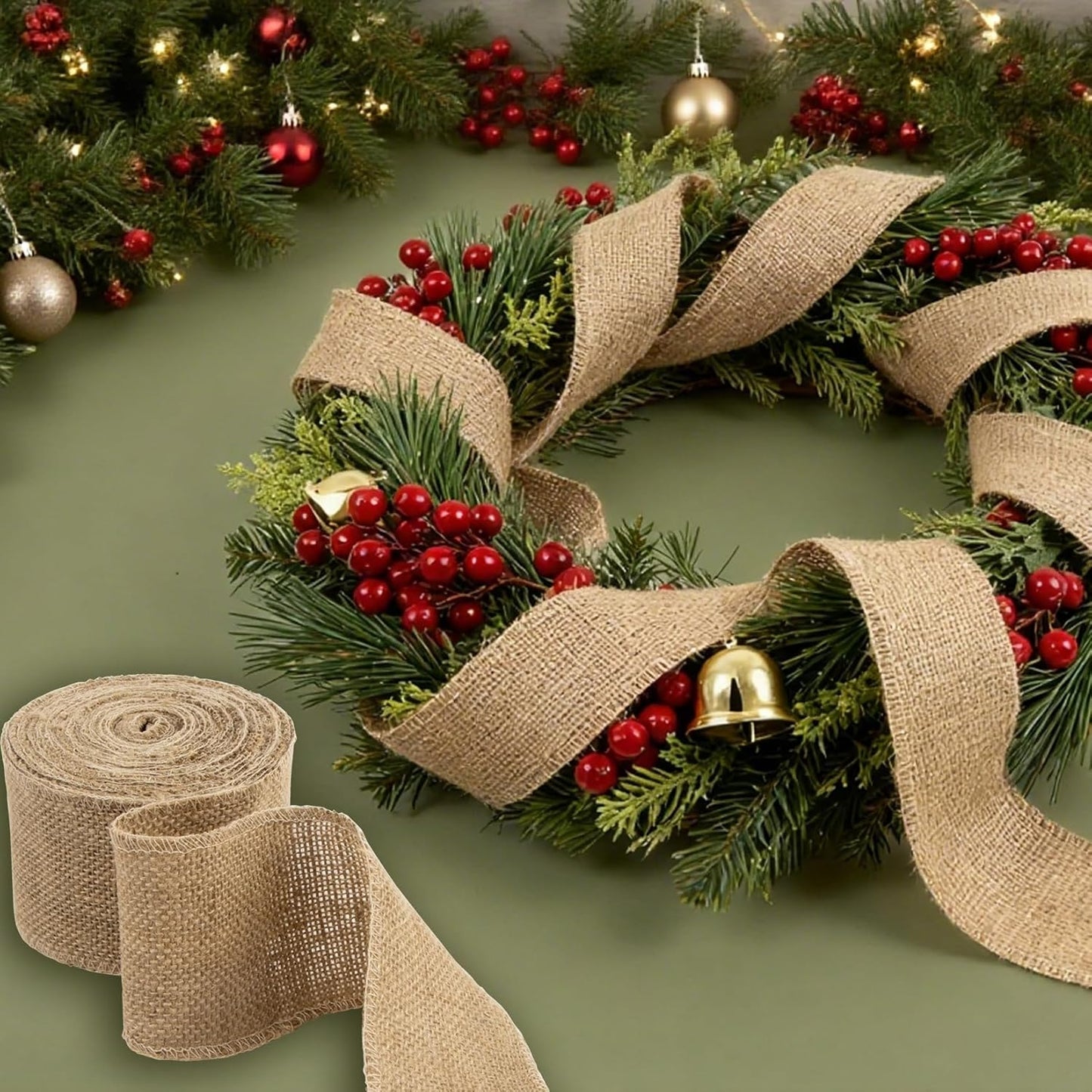 Burlap Ribbon 3 Inch Wide - Natural Burlap Fabric Rustic 29.5 FT 2 Rolls 4.9 Yard Thick Jute Christmas Ribbon for Crafts Flower Bouquet Christmas Tree Decorations